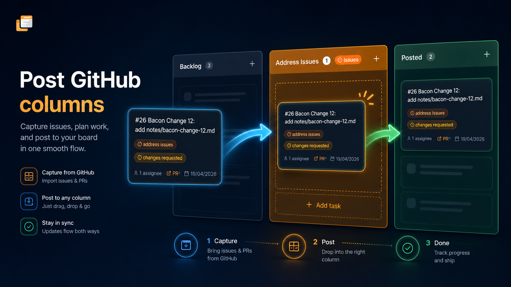 Post GitHub columns — capture issues, plan work, and post to your board